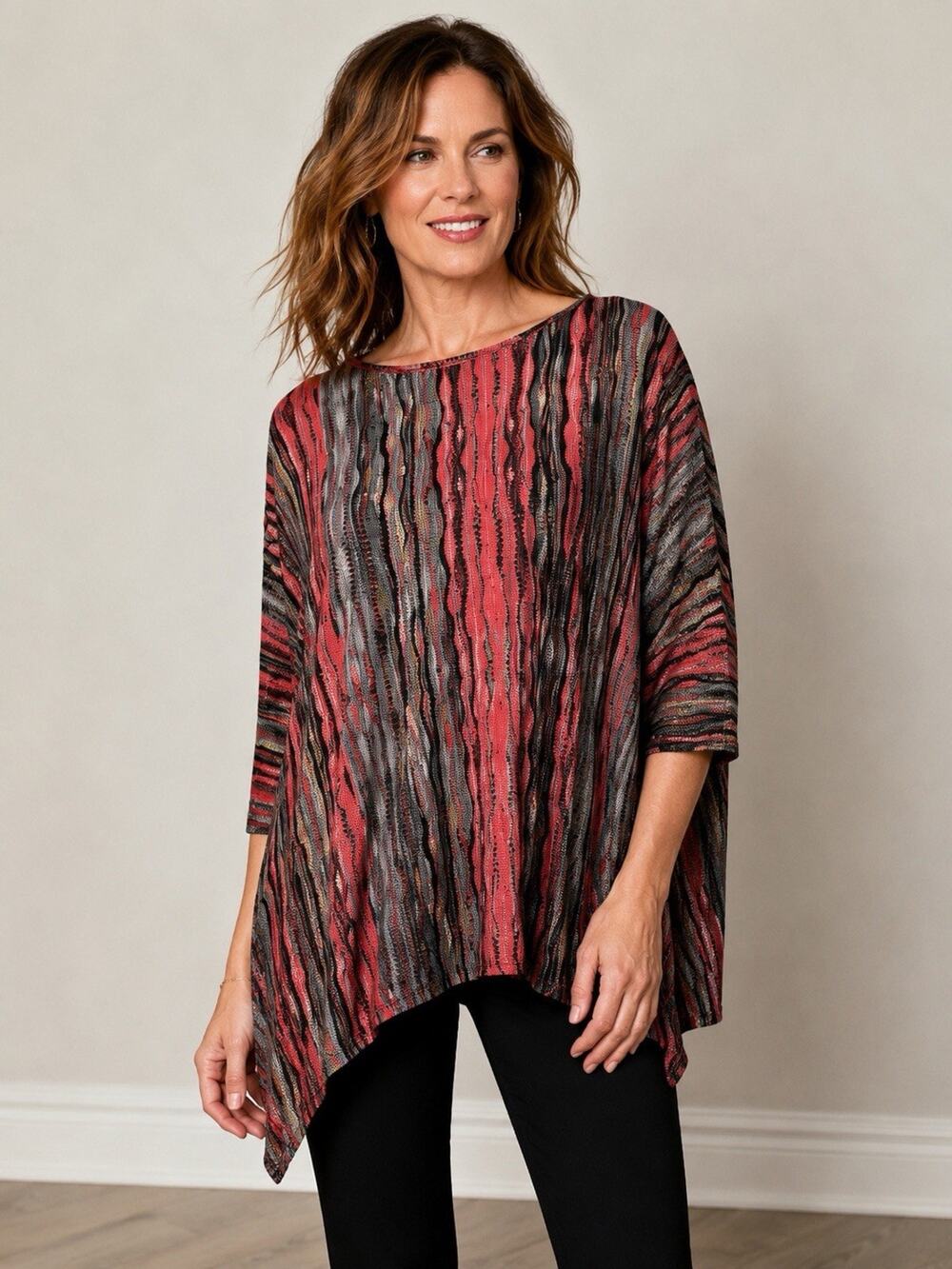 Mila & Milan Womens Blouse M Red Black 3/4 Bat Wing Sleeves Asymmetrical Tunic